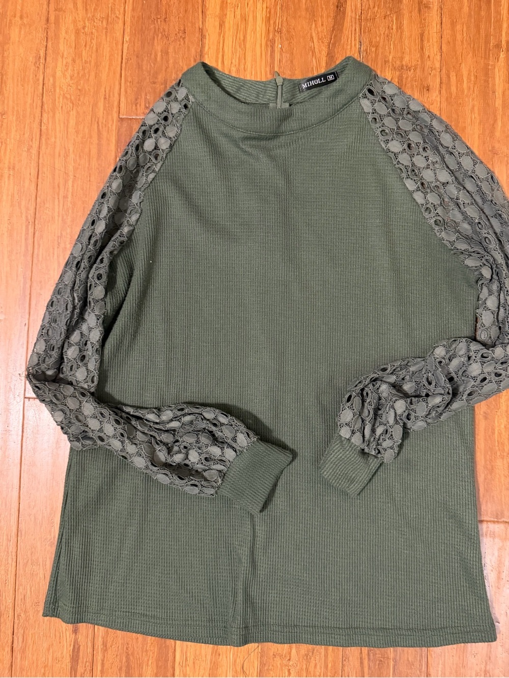 Miholl Olive Lace-Sleeve Women's Top